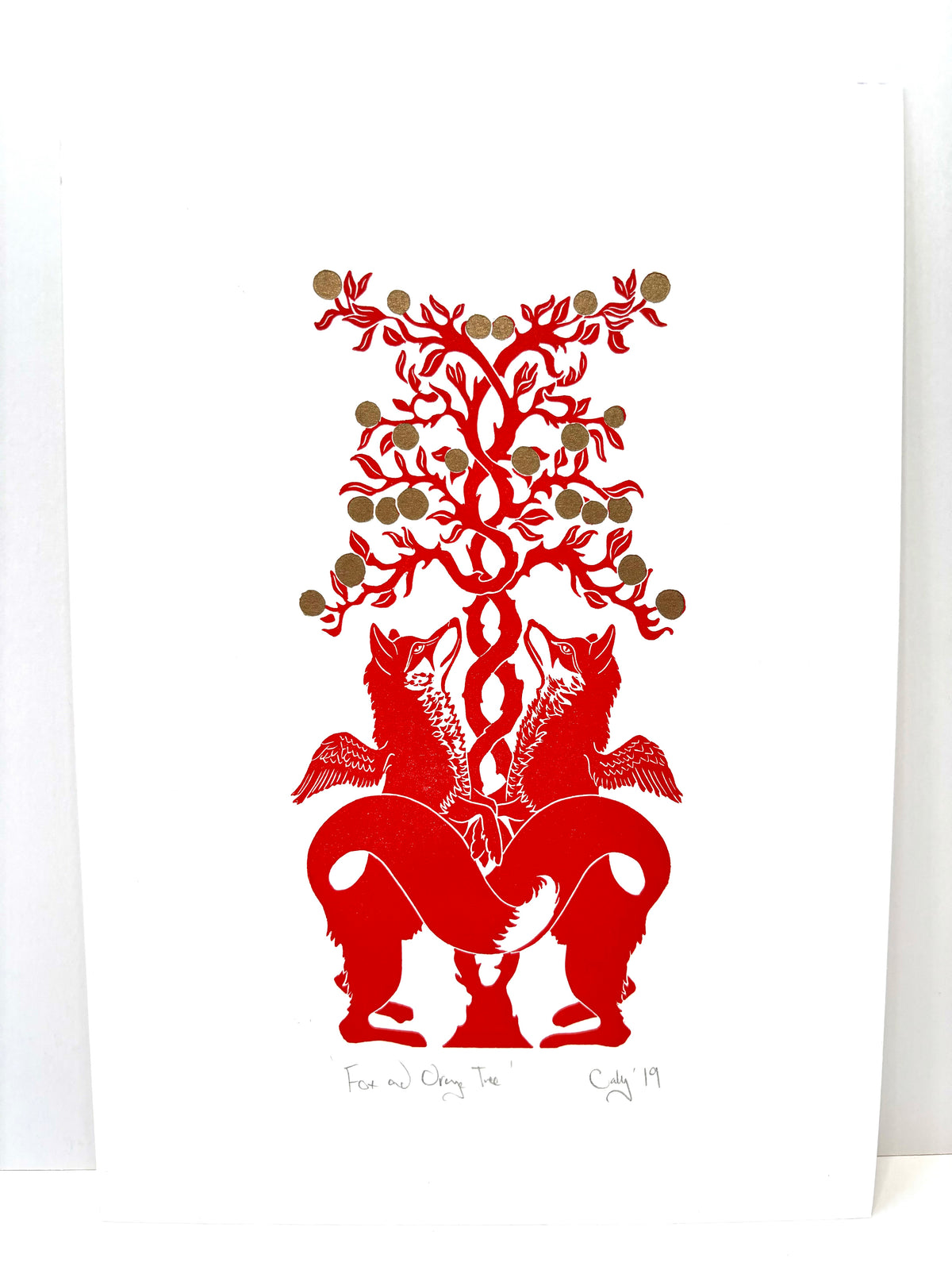 Super Seconds Festival listing: Fox and rowan linoprint in red with gold fruit
