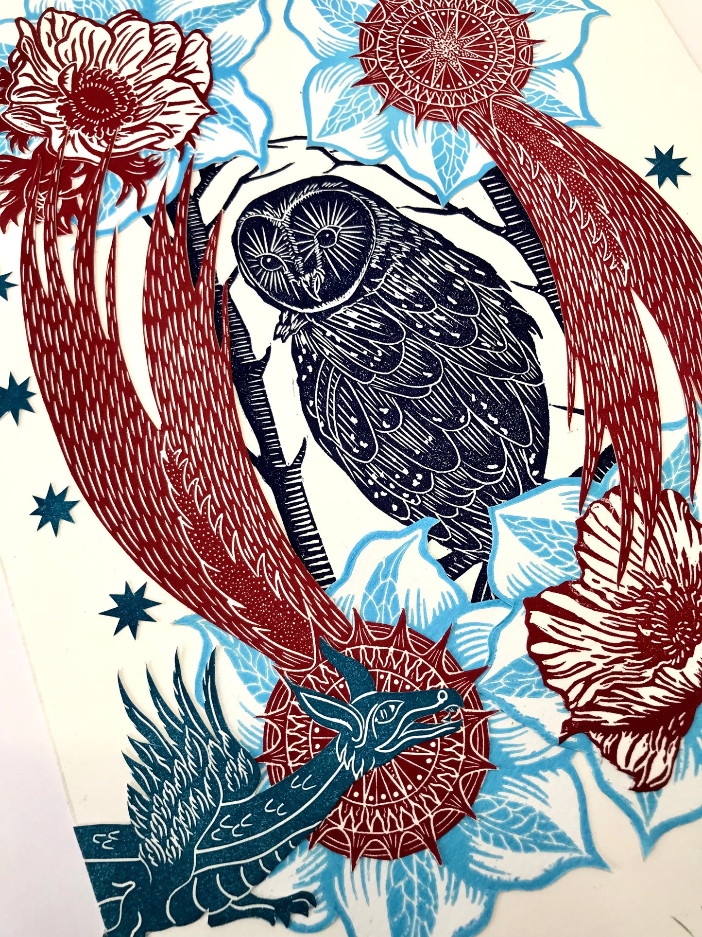 The Dragon and Owl original print collage