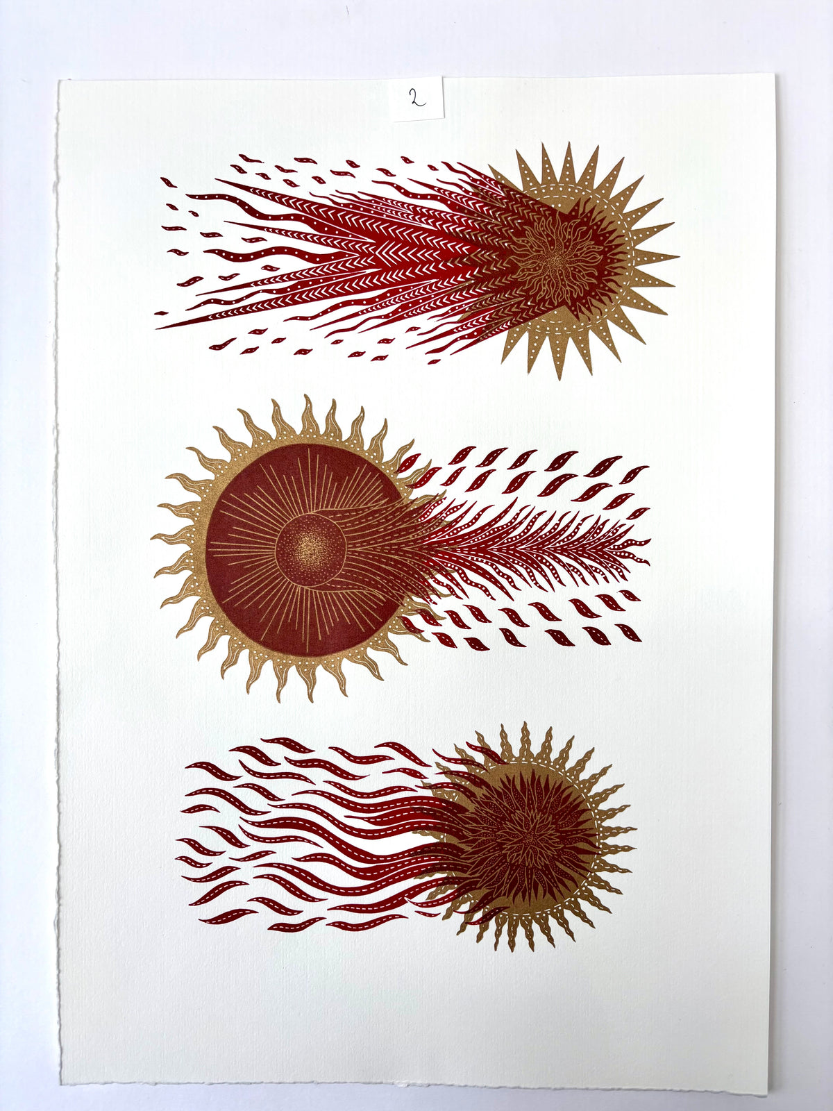 Super Seconds Festival listing: The Three Comets limited edition linoprint (red on gold)