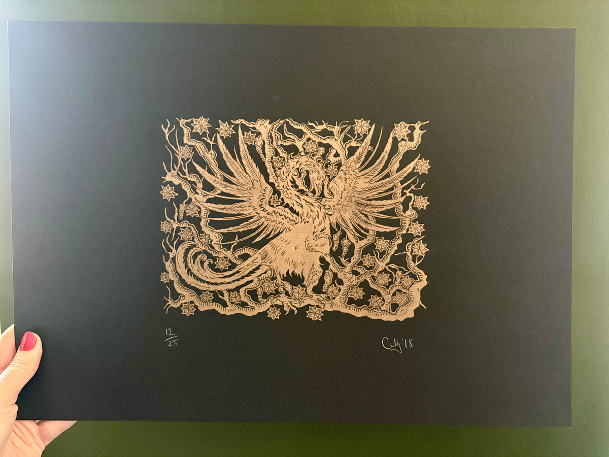 Super Seconds Festival listing: Phoenix and Myrrh tree limited edition linoprint 1