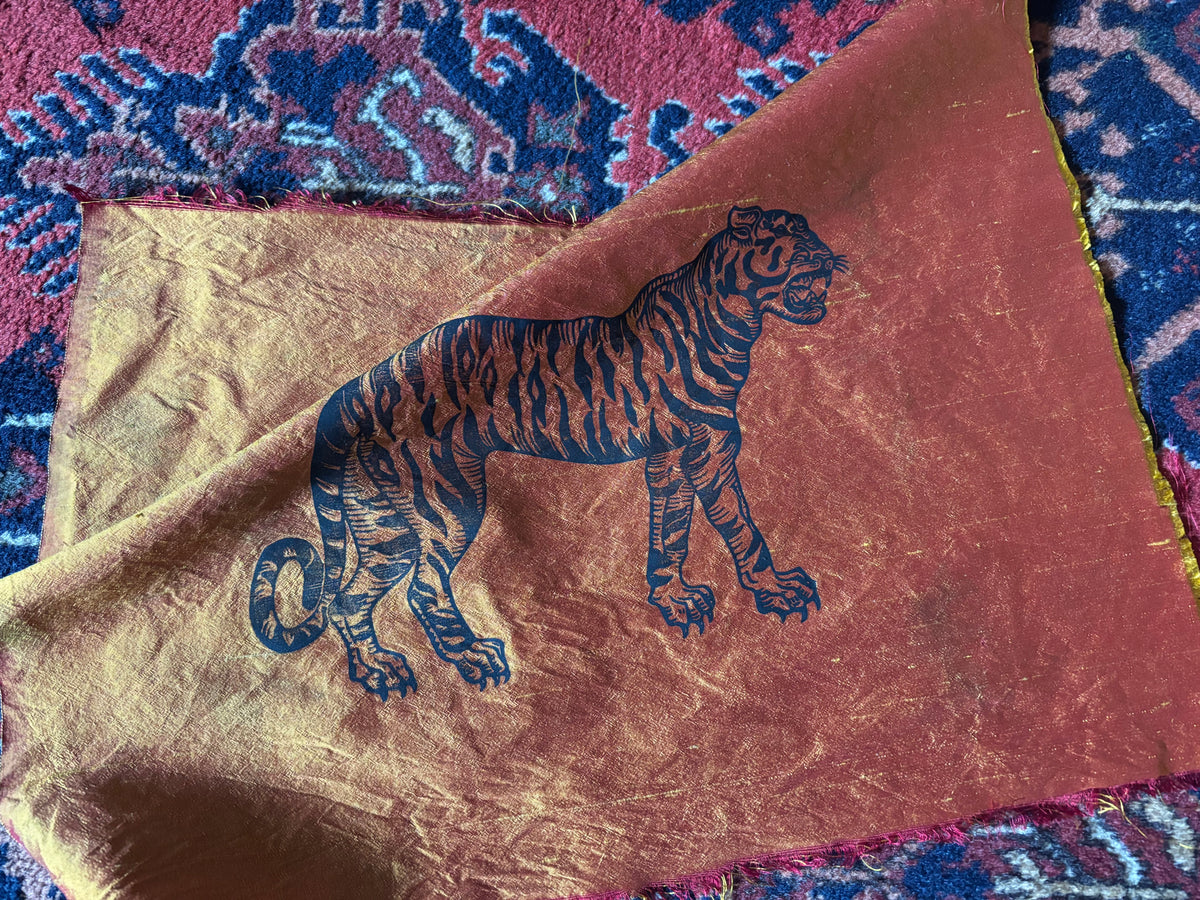 Super Seconds festival listing: Swatch of 100% silk with hand printed tiger motif