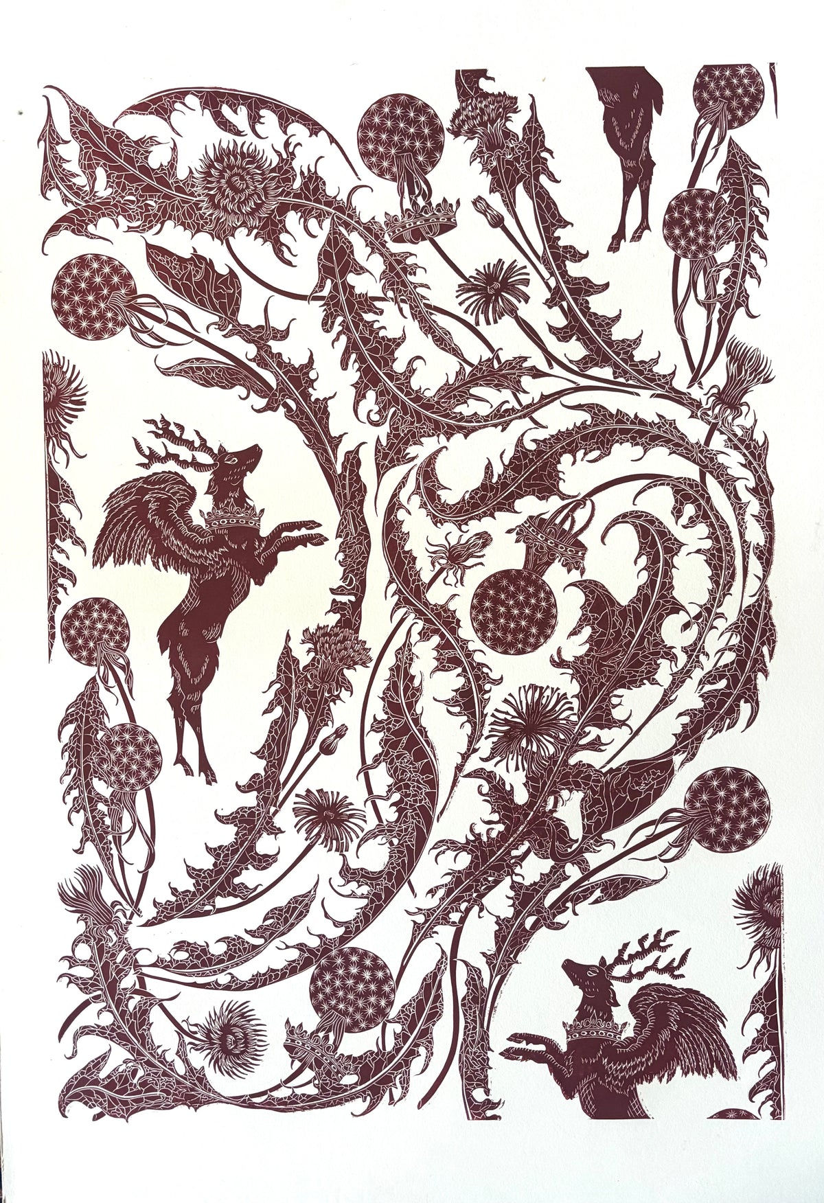 Super Seconds Festival listing: Rare large Dandelion and Mythical Creature pattern linoprint 1