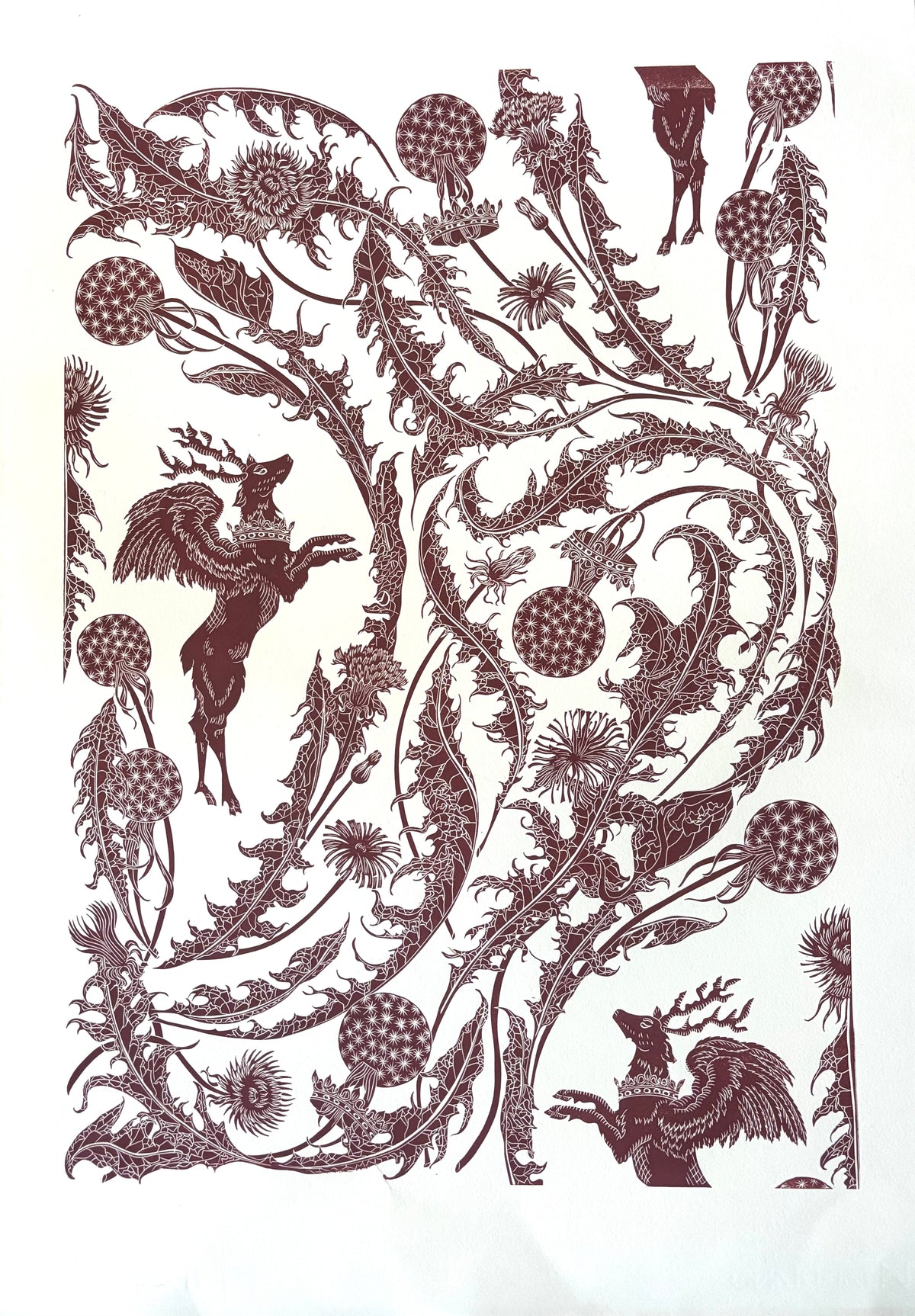 Super Seconds Festival listing: Rare large Dandelion and Mythical Creature pattern linoprint 2