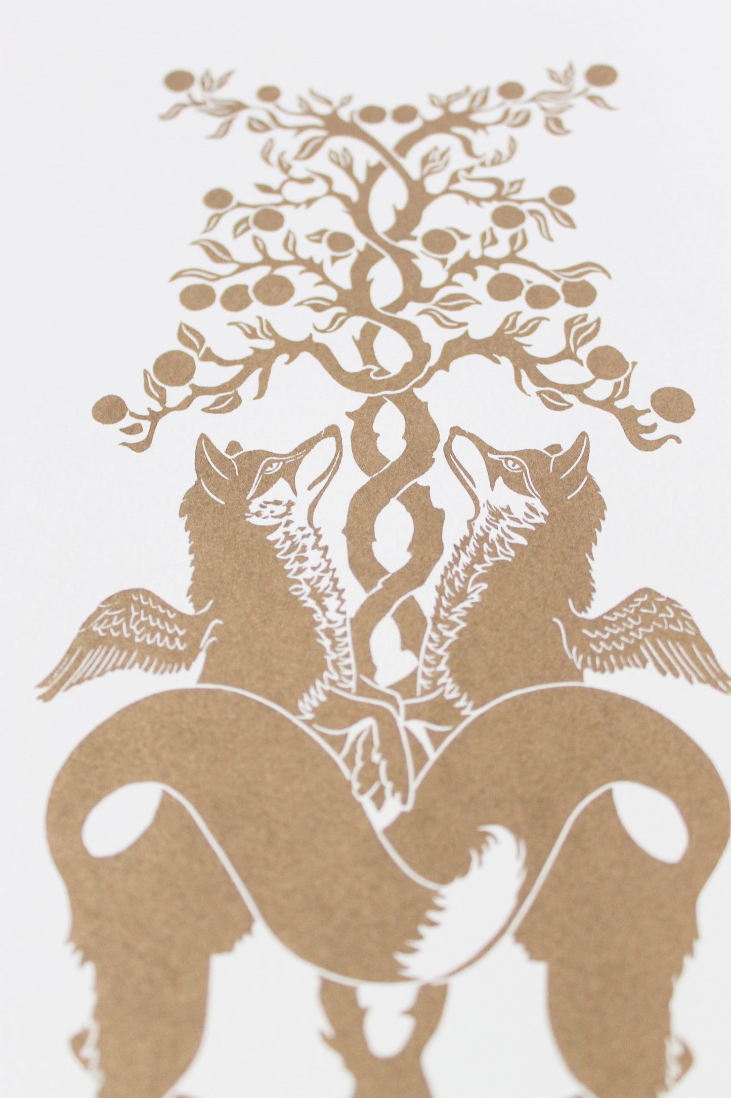 Fox and orange tree linoprint