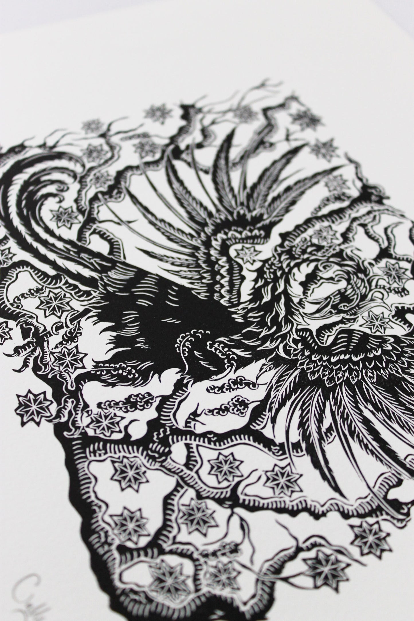 Phoenix and Myrrh tree limited edition linoprint