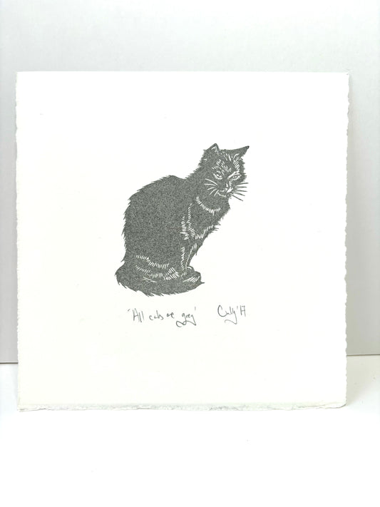 Grey Cat linoprint