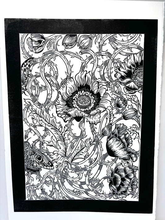 Super Seconds Festival listing: Poppy linoprint pattern sample
