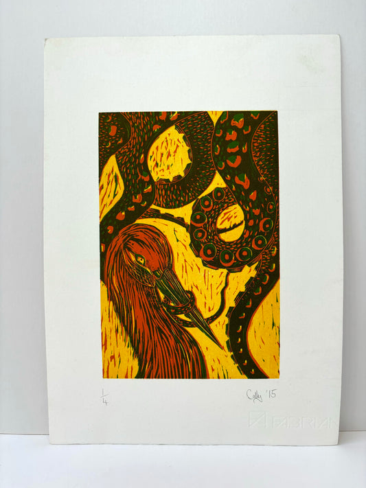 Super Seconds Festival listing: Crane and Octopus three colour wood cut
