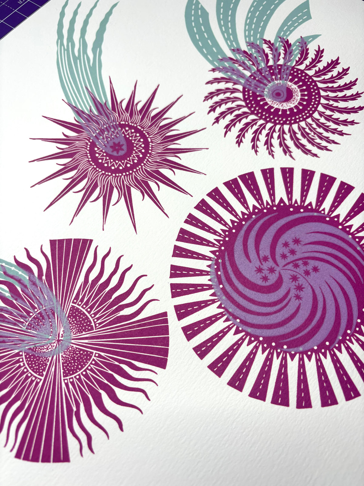 Super Seconds Festival listing: Hesperus test comet linoprint (magenta and blue)