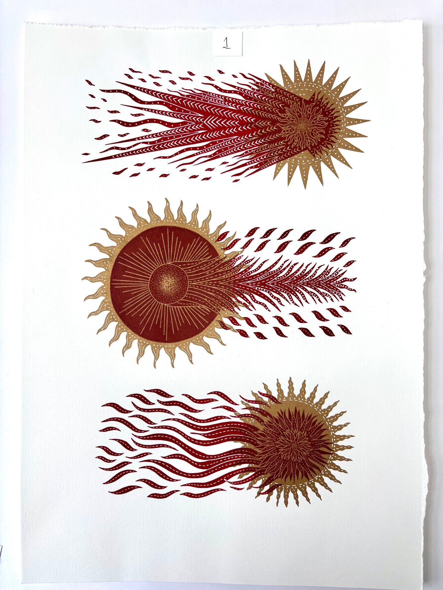 Super Seconds Festival listing: The Three Comets limited edition linoprint (red on gold)