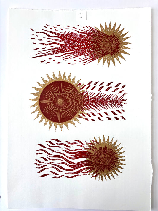 Super Seconds Festival listing: The Three Comets limited edition linoprint (red on gold)