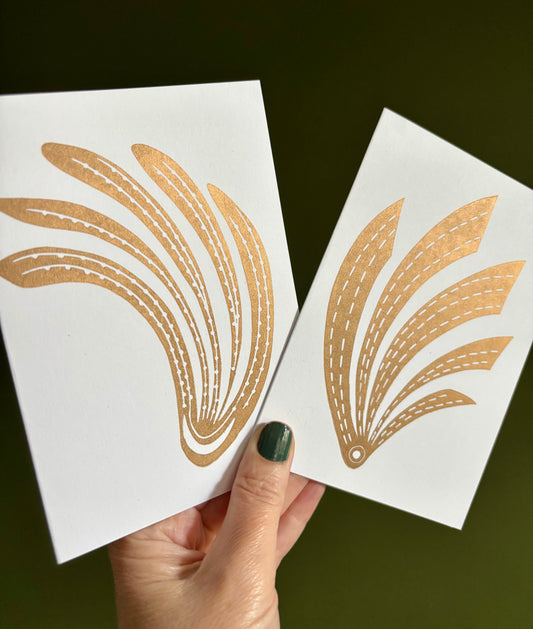 Handprinted gold linoprint comet cards, pack of two