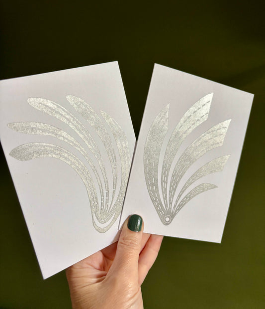 Handprinted silver linoprint comet cards, pack of two