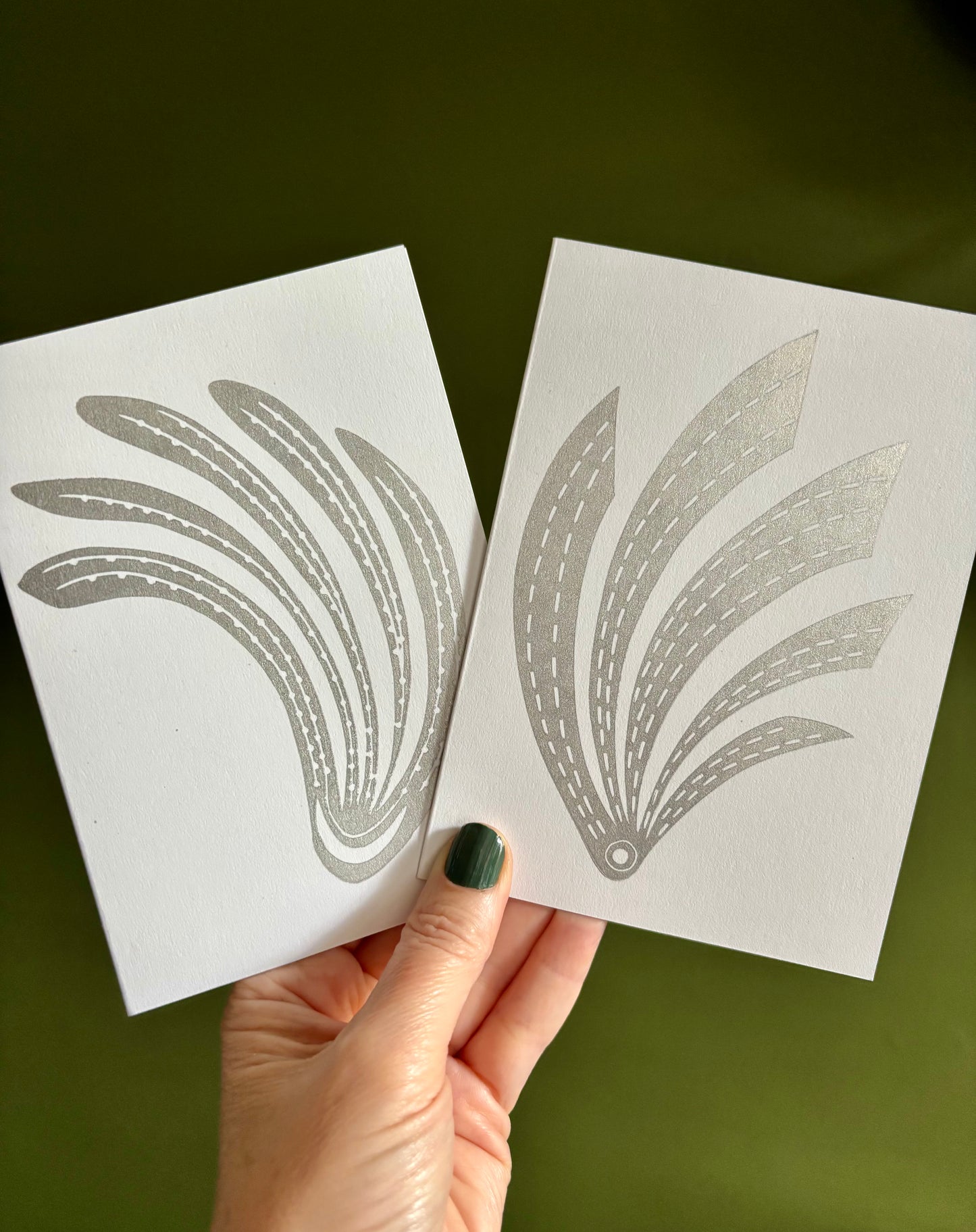Handprinted silver linoprint comet cards, pack of two
