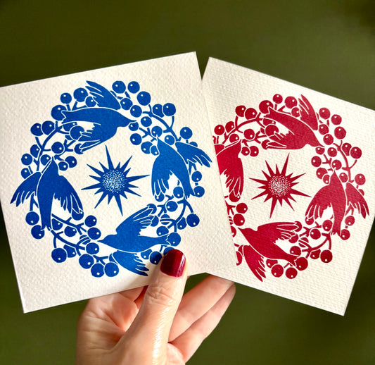 Pack of two handprinted blue and red linoprint Christmas cards