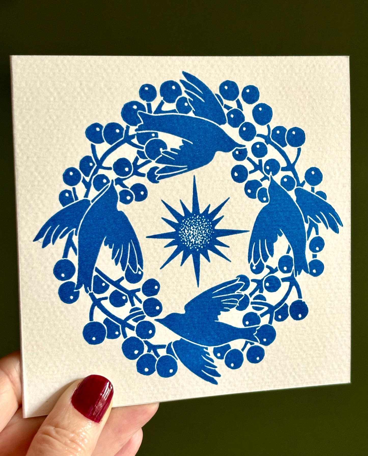 Pack of two handprinted blue and red linoprint Christmas cards