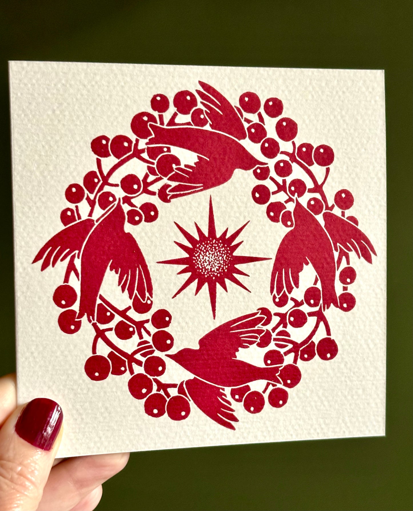 Pack of two handprinted blue and red linoprint Christmas cards