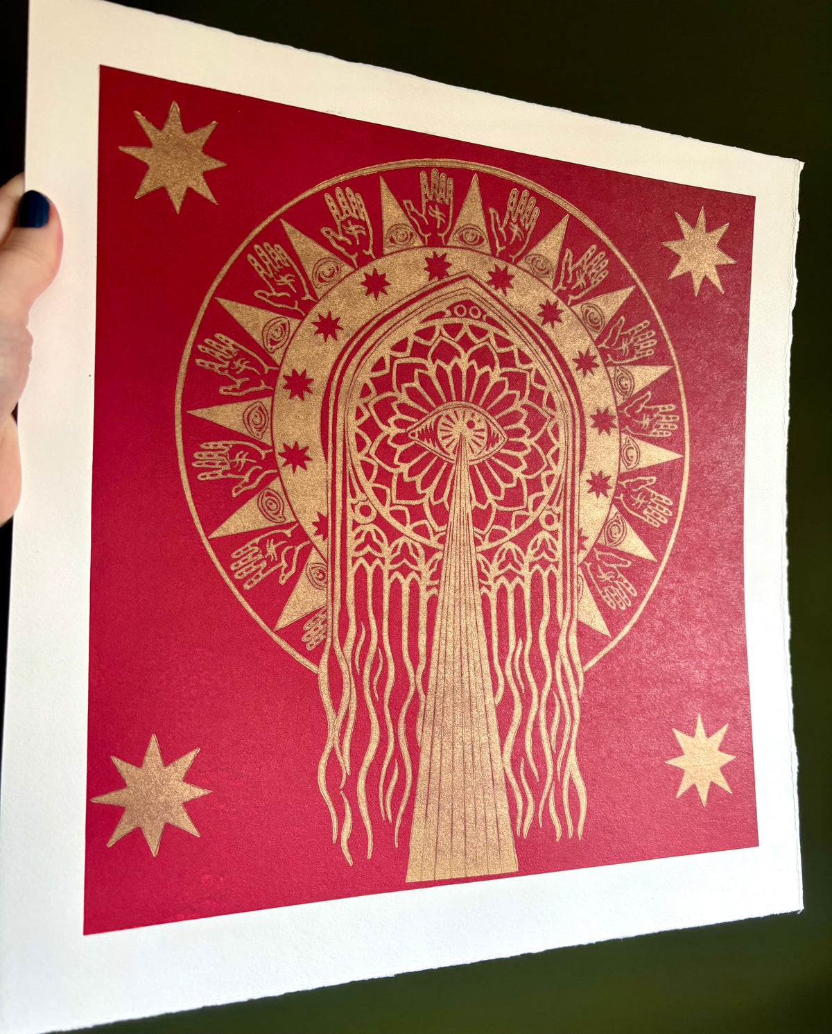 Super Seconds festival listing: Gothic inspired linoprint (dark red and gold)