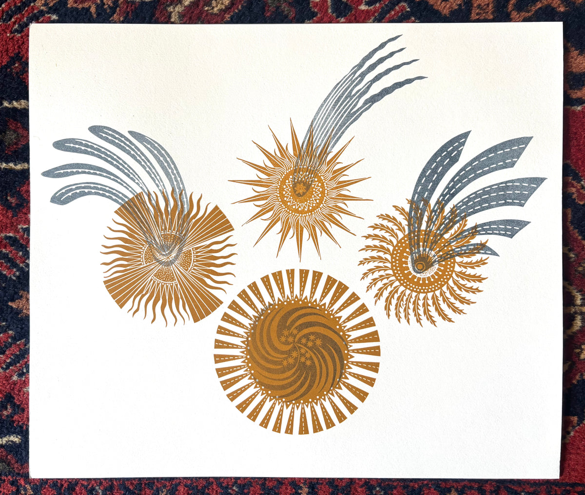 Super Seconds Festival listing: Hesperus test comet linoprint ( yellow ochre and faded blue)