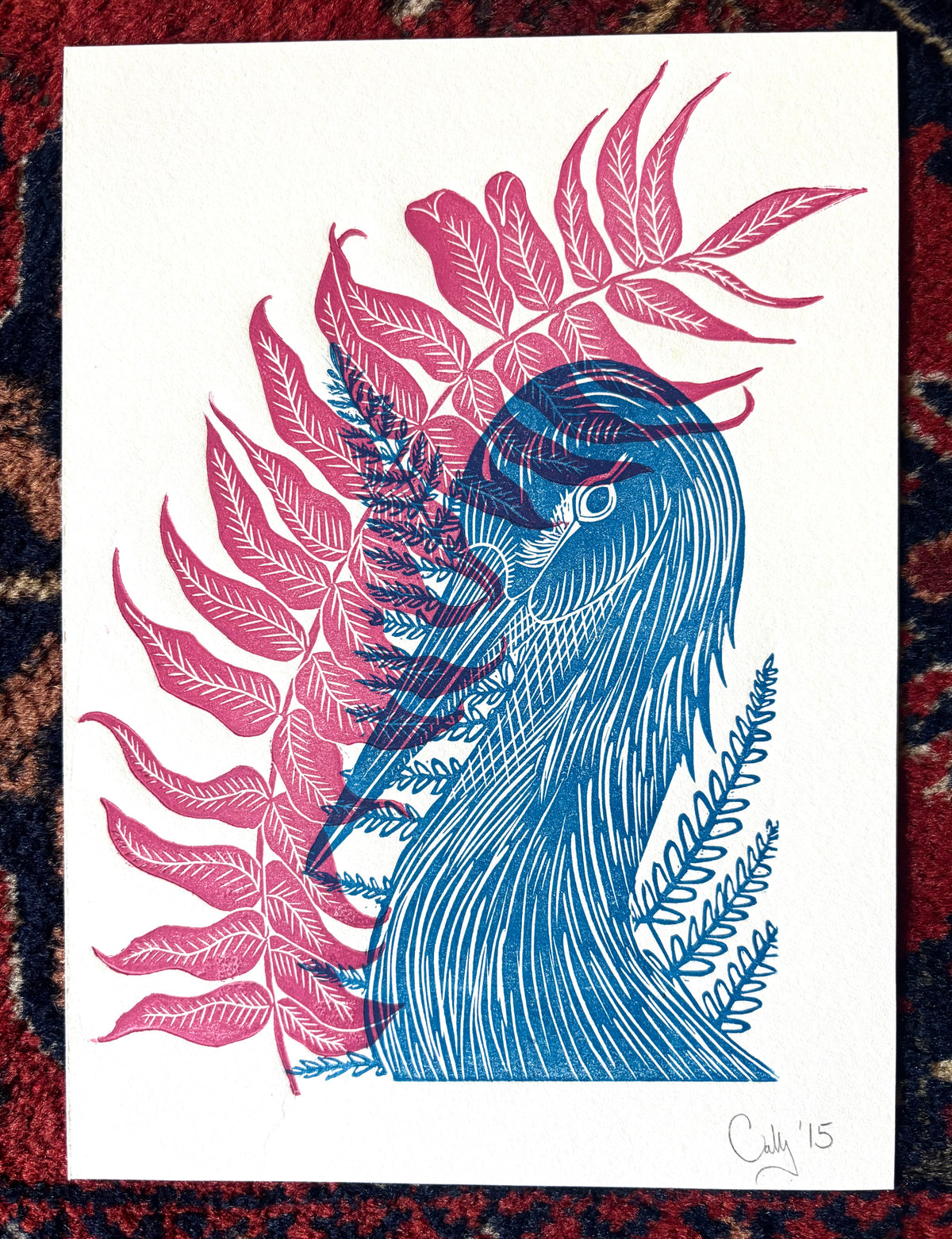 Super Seconds Festival listing: Crane and Fern linoprint (pink and blue)