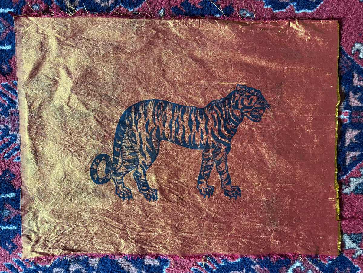 Super Seconds festival listing: Swatch of 100% silk with hand printed tiger motif