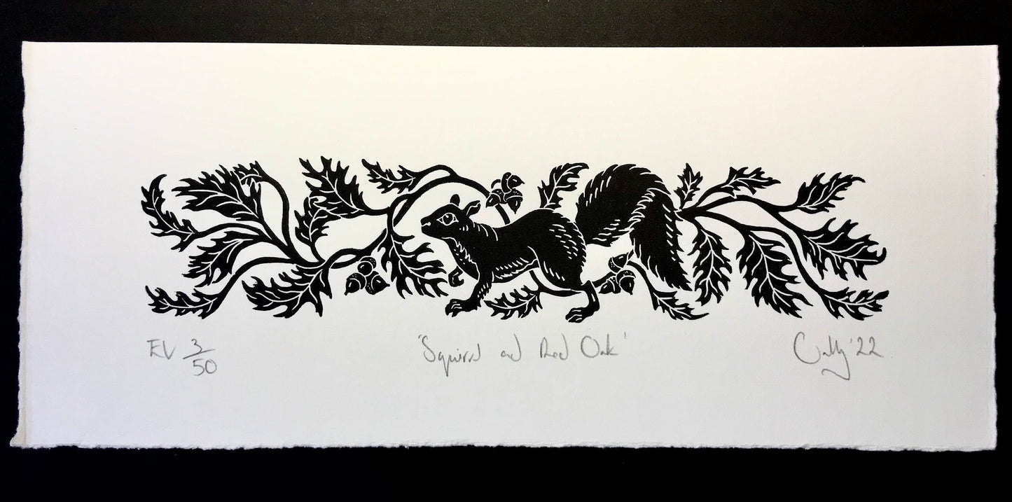 Limited edition Squirrel and Red Oak linoprint